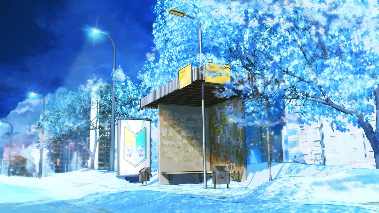 background bus_stop cirno city eroge highres no_humans outdoors snow street tree wakaba_mark winter