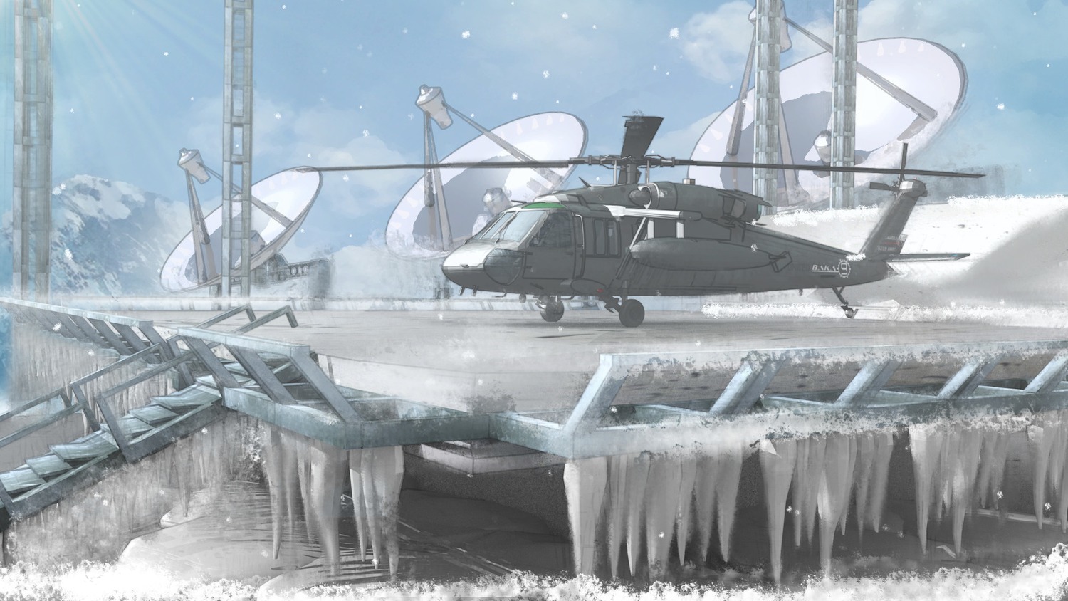 3d helicopter highres iichan_rpg landscape mountains no_humans outdoors satellite_dish sky snow wallpaper winter