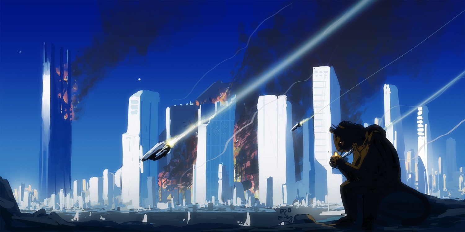 atmospheric blue cigarette city cityscape fire highres landscape sci-fi sketch smoke smoking