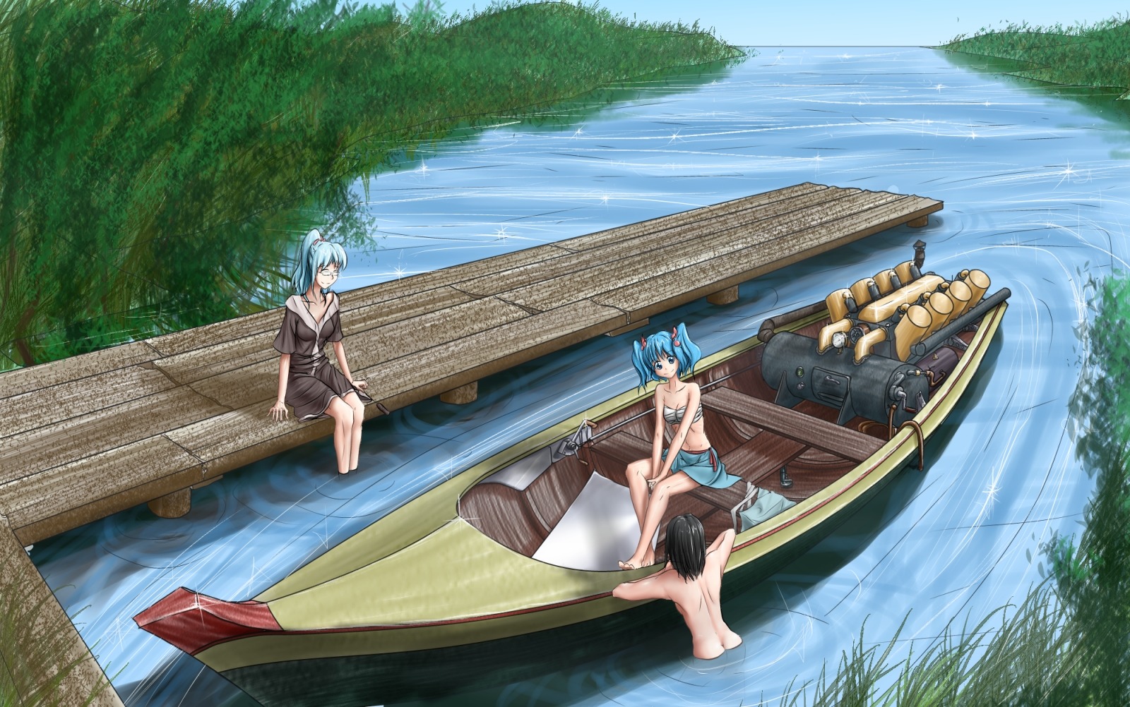 black_hair blue_eyes blue_hair boat character_request glasses hater_(artist) nature nude outdoors ponytail tagme /to/ touhou twintails water