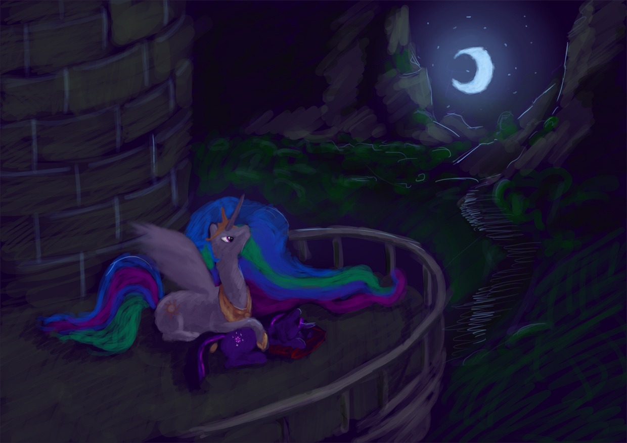 alicorn /bro/ has_child_posts horn horns lying moon mountains multicolored_hair my_little_pony night no_humans outdoors pony possible_duplicate princess_celestia sky sleeping twilight_sparkle unicorn wings