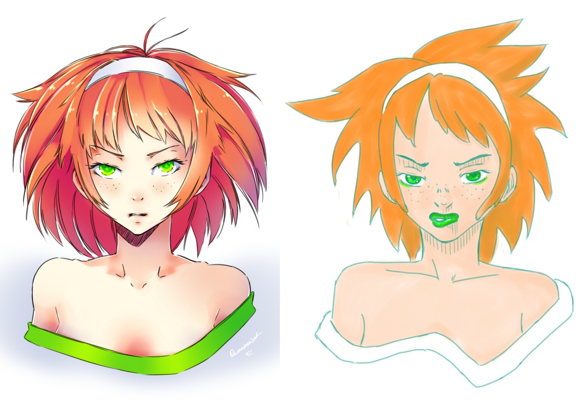 collaboration collage comparison freckles green_eyes hairband orange_hair short_hair