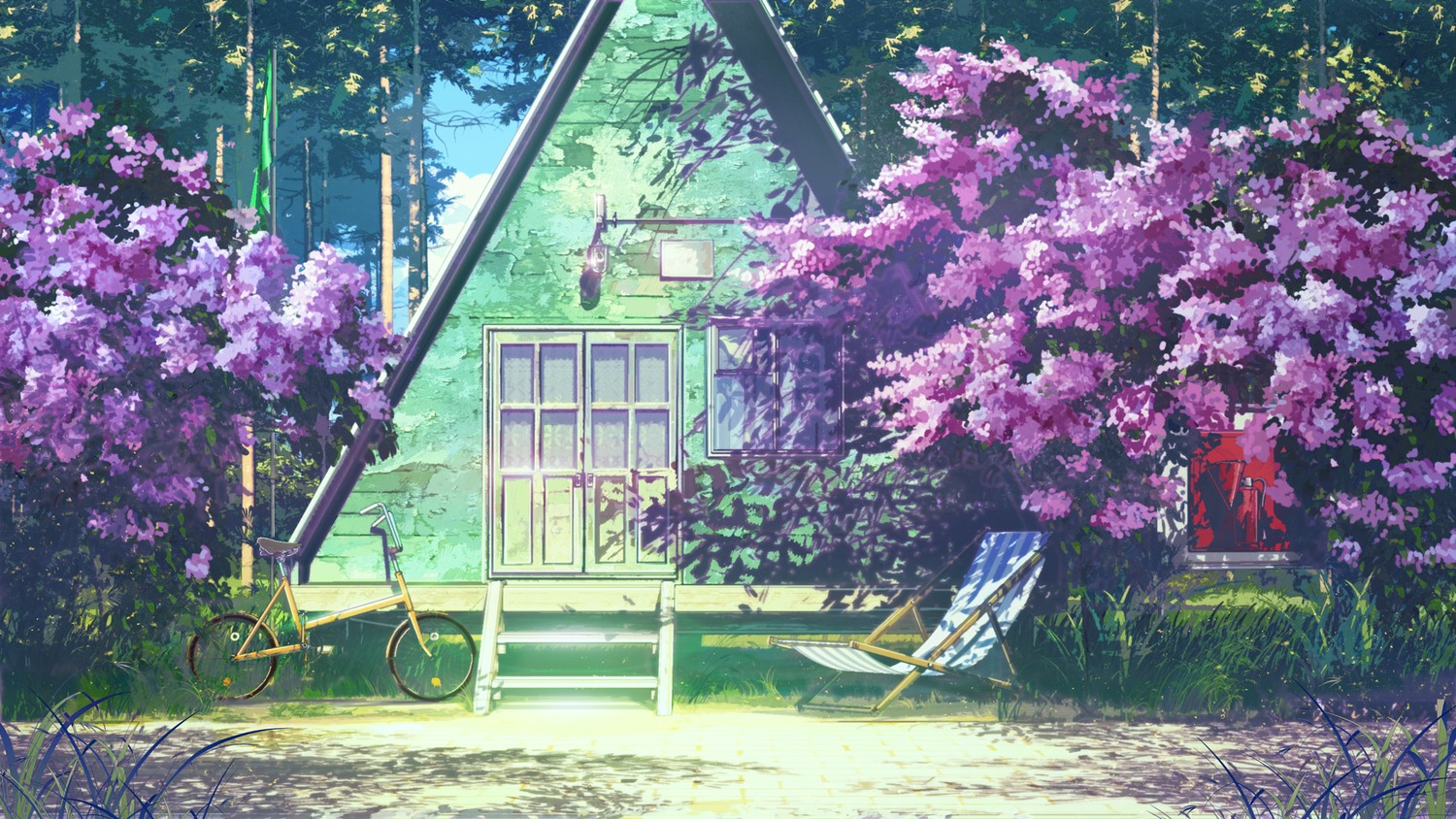 background bicycle bush chair eroge highres house lounge_chair no_humans outdoors summer tree