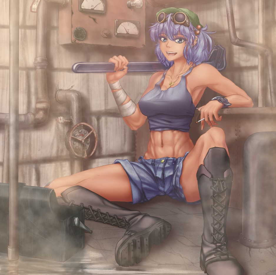 alternate_costume blue_eyes blue_hair boots cigarette goggles hat hater_(artist) kawashiro_nitori midriff muscles navel piercing shorts sitting smoking /to/ top touhou twintails
