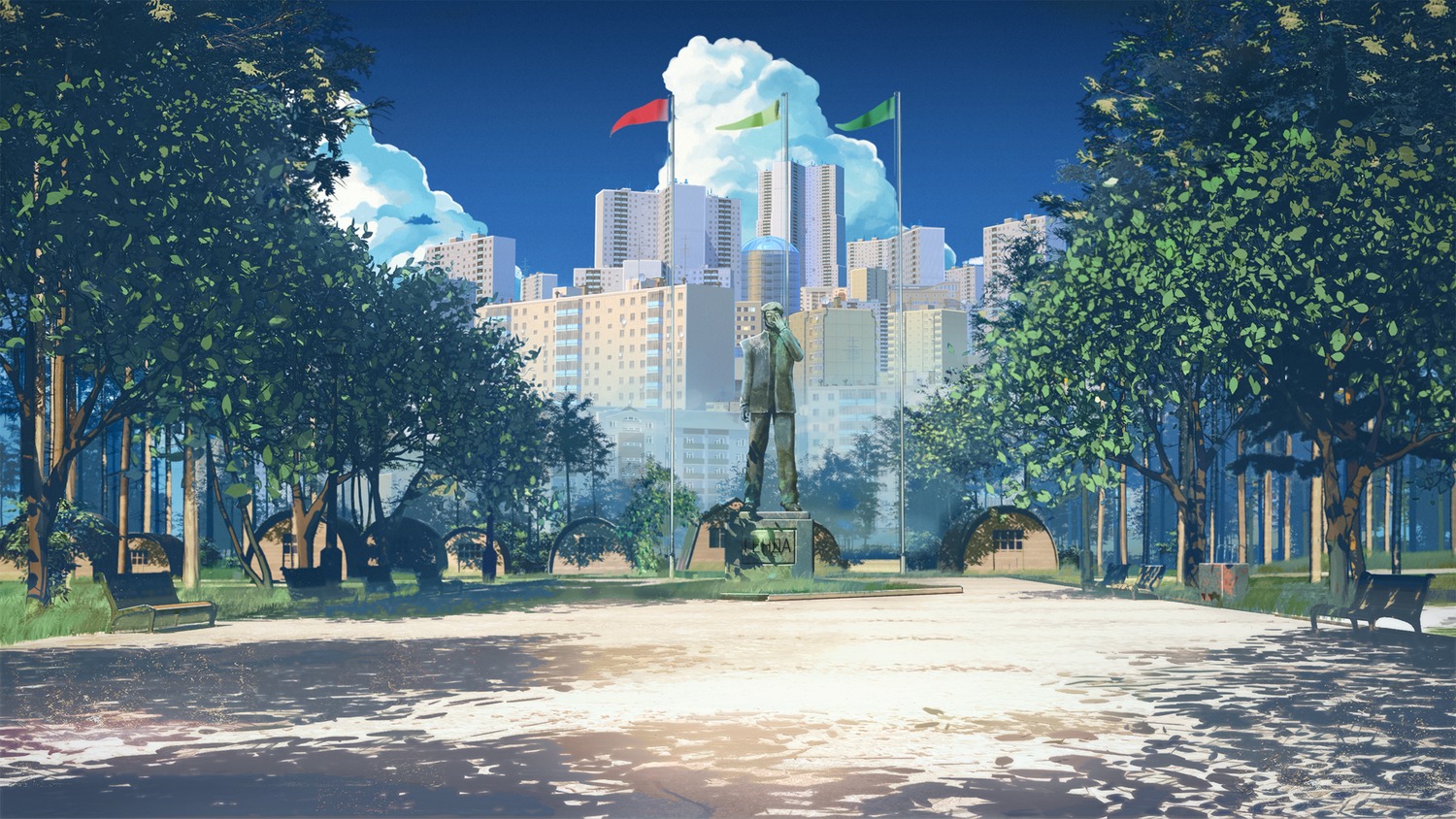 background camp city cloud eroge flag highres no_humans outdoors sky square statue summer summer_camp tree