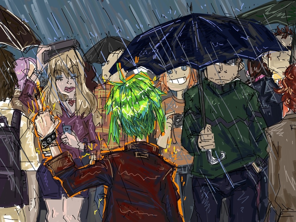 bomb-chan crowd green_hair middle_finger outdoors rain short_hair sketch umbrella