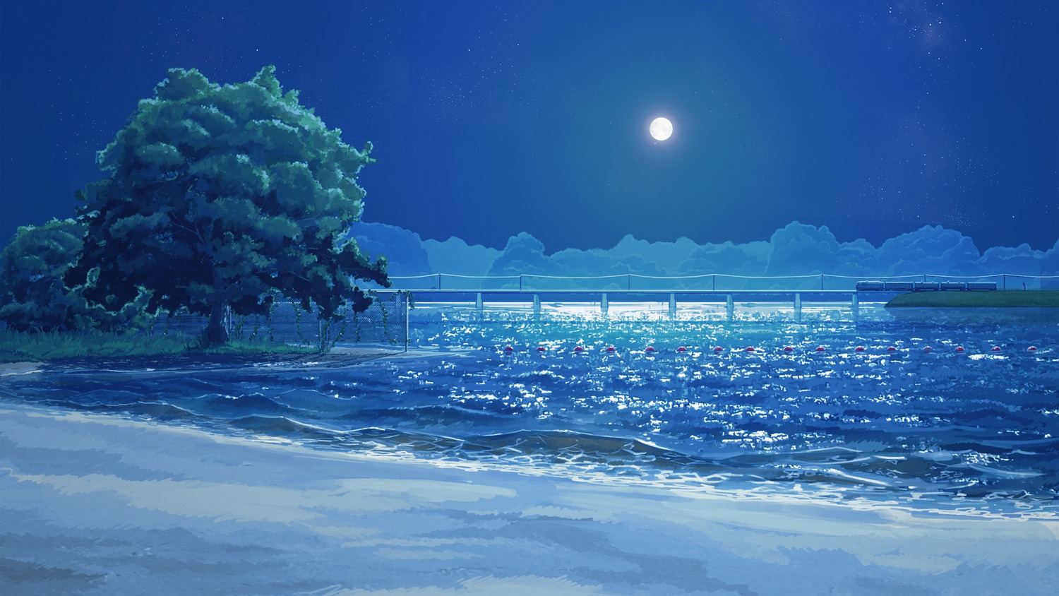 background beach eroge full_moon highres landscape moon night no_humans outdoors sand sky summer tree water