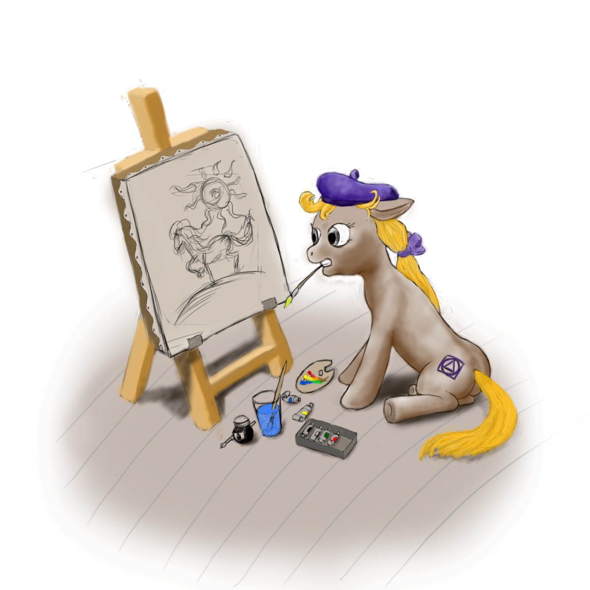 animal /bro/ brush hat highres madskillz my_little_pony my_little_pony_friendship_is_magic no_humans painting pony simple_background sitting