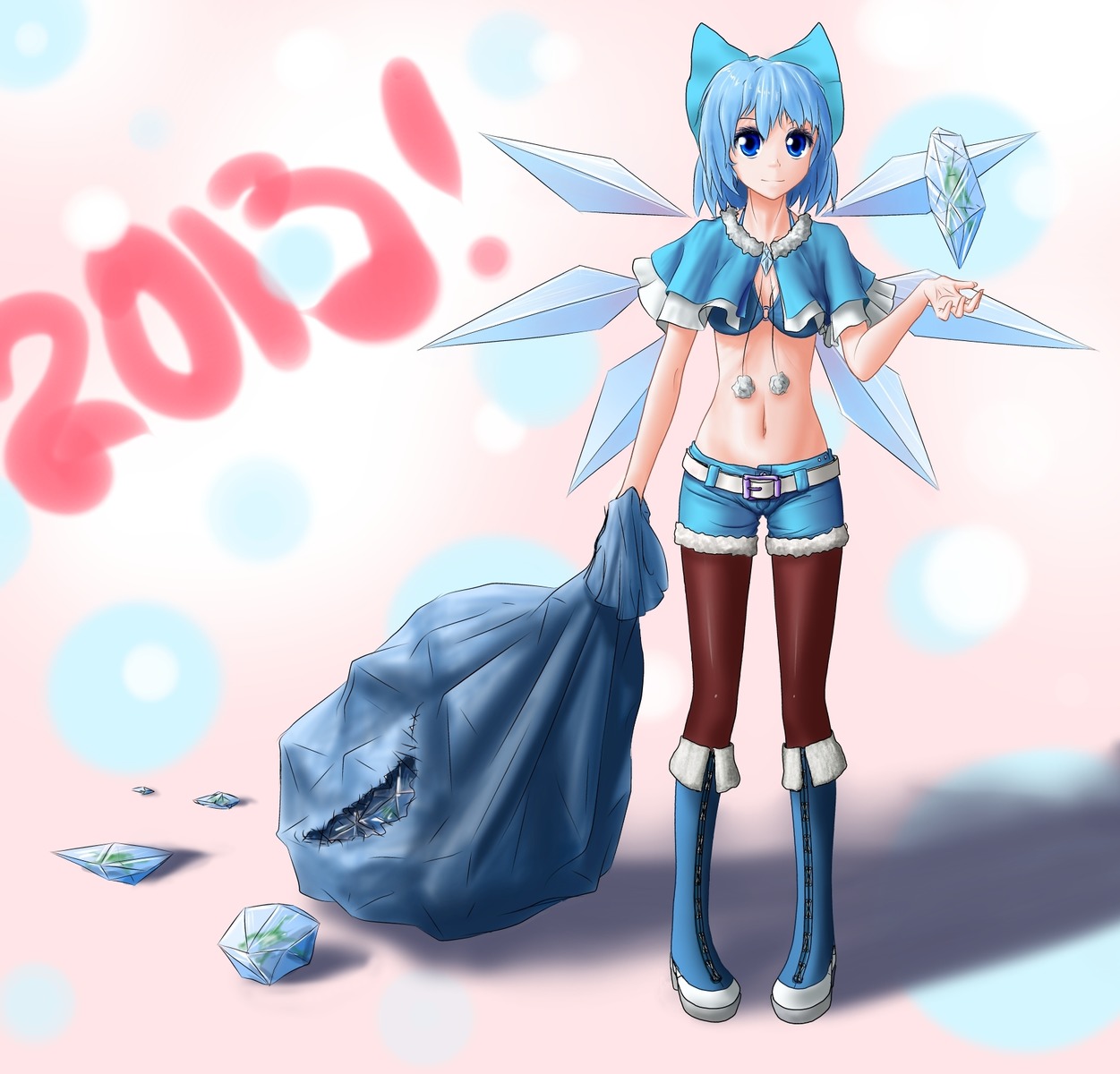 alternate_costume belt bikini_top blue_eyes blue_hair boots bow capelet cirno frozen_frog hater_(artist) midriff navel new_year pantyhose sack short_hair shorts touhou wings