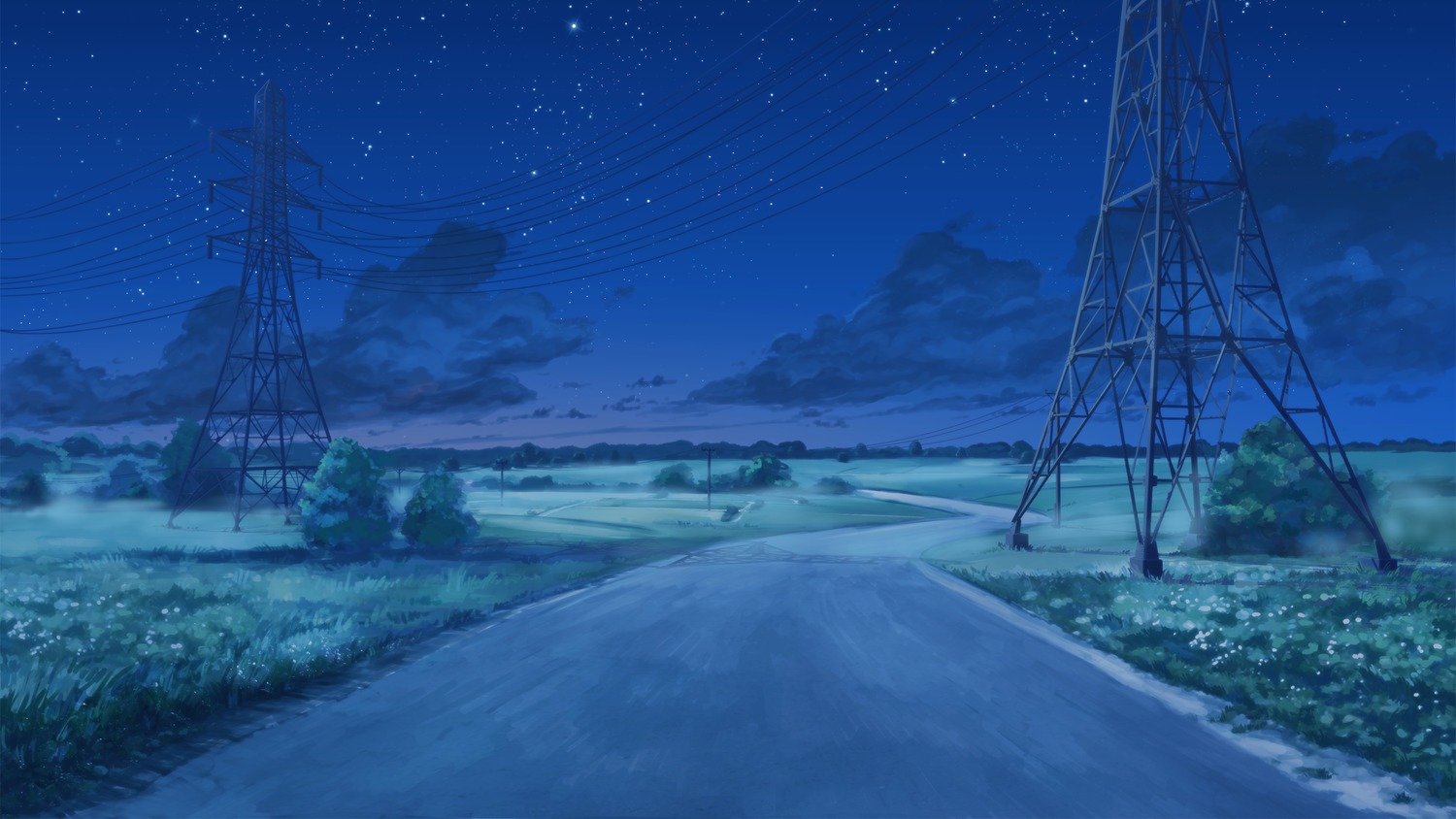 background cloud eroge grass highres night no_humans outdoors power_lines road sky summer wire