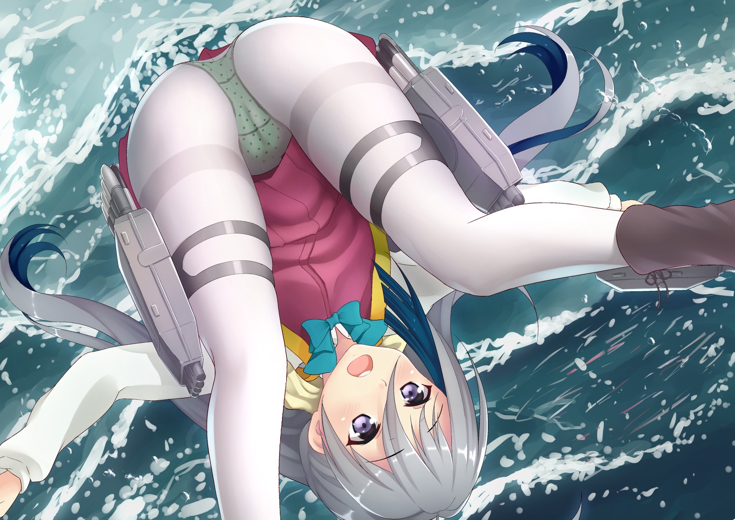 1girl ascot boots bow cameltoe grey_hair kantai_collection long_hair open_mouth panties pants pantyhose polka_dot purple_eyes rocket spread_legs tagme tie tights upside_down water wave