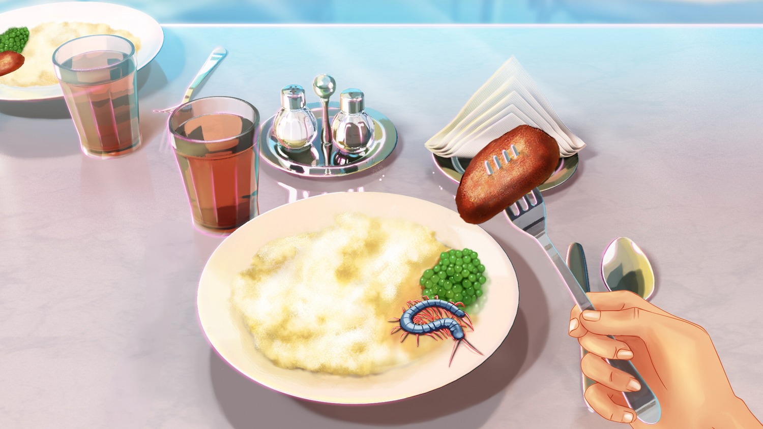 eroge food game_cg highres insect plate scolopendra table