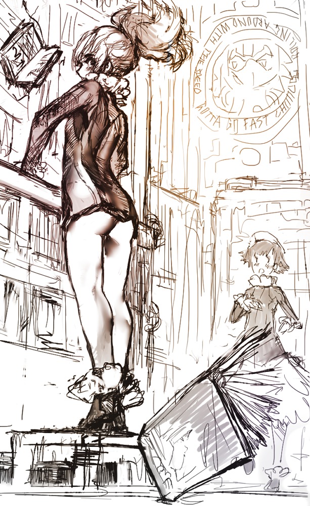 2girls ass blush book from_behind hat indoors long_hair monochrome multiple_girls no_pants ponytail sketch