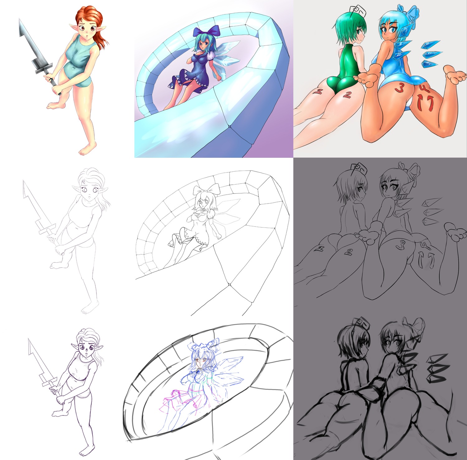 ass bow breasts cirno collective_drawing dress elf foot from_behind ice long_ears looking_at_viewer looking_back madskillz madskillz_thread_oppic pen red_hair sketch sword wings