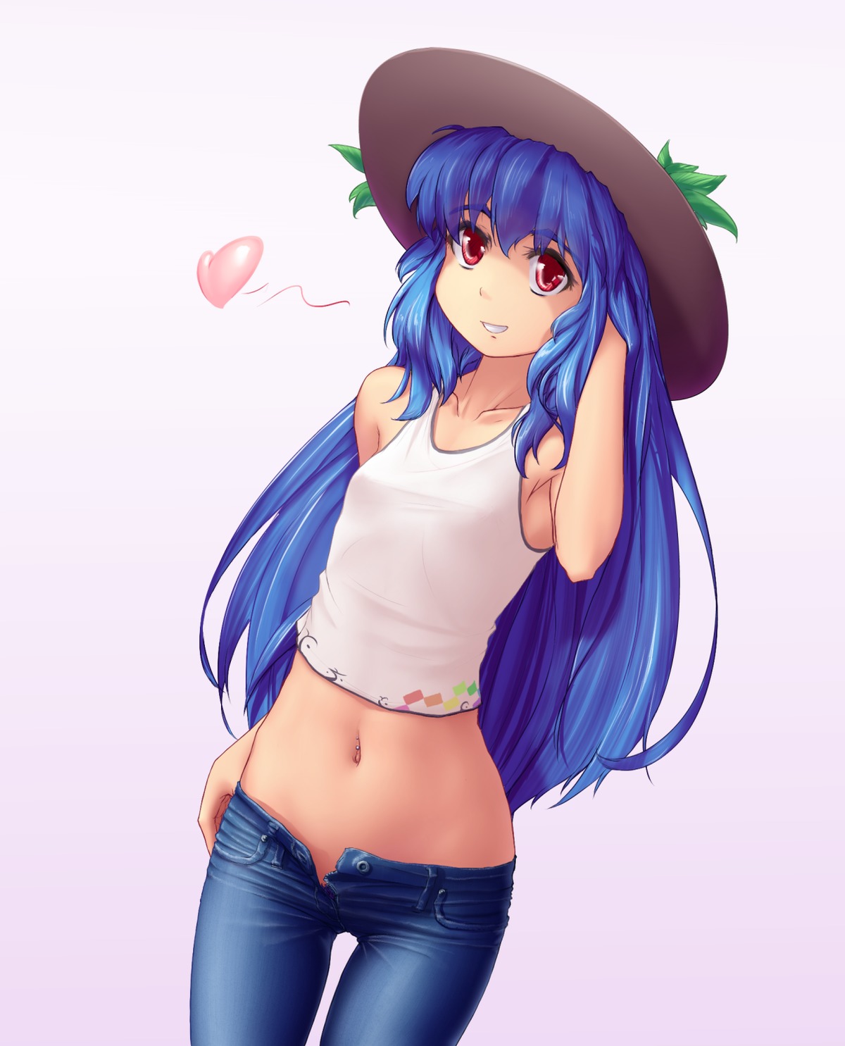 1girl alternate_costume blue_hair contemporary denim hat hater_(artist) heart hinanawi_tenshi leaf long_hair midriff navel pants piercing red_eyes simple_background smile solo tank_top /to/ touhou
