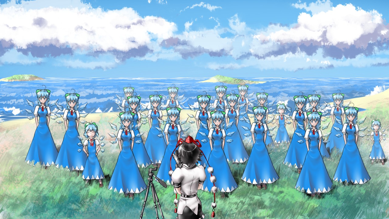 black_hair blue_eyes blue_hair bow camera cirno cloud crowd dress f2d_(artist) from_behind grass has_child_posts hat island main_page multiple_girls multiple_persona nature outdoors shameimaru_aya short_hair sky touhou wallpaper water wings