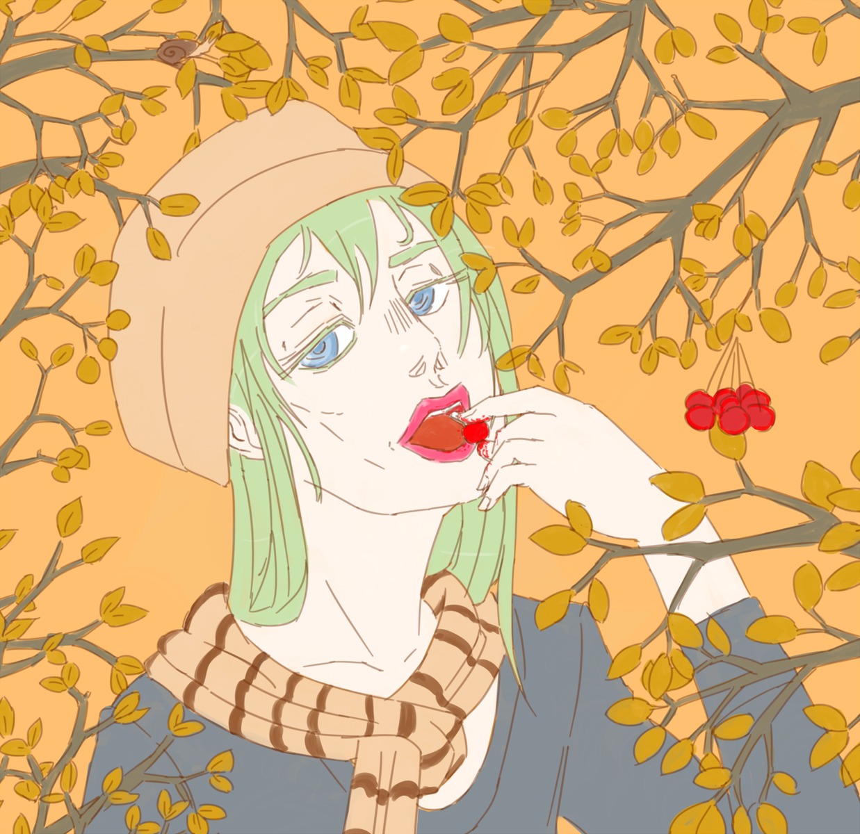 autumn berry blue_eyes eating green_hair hat lips long_hair open_mouth scarf tree