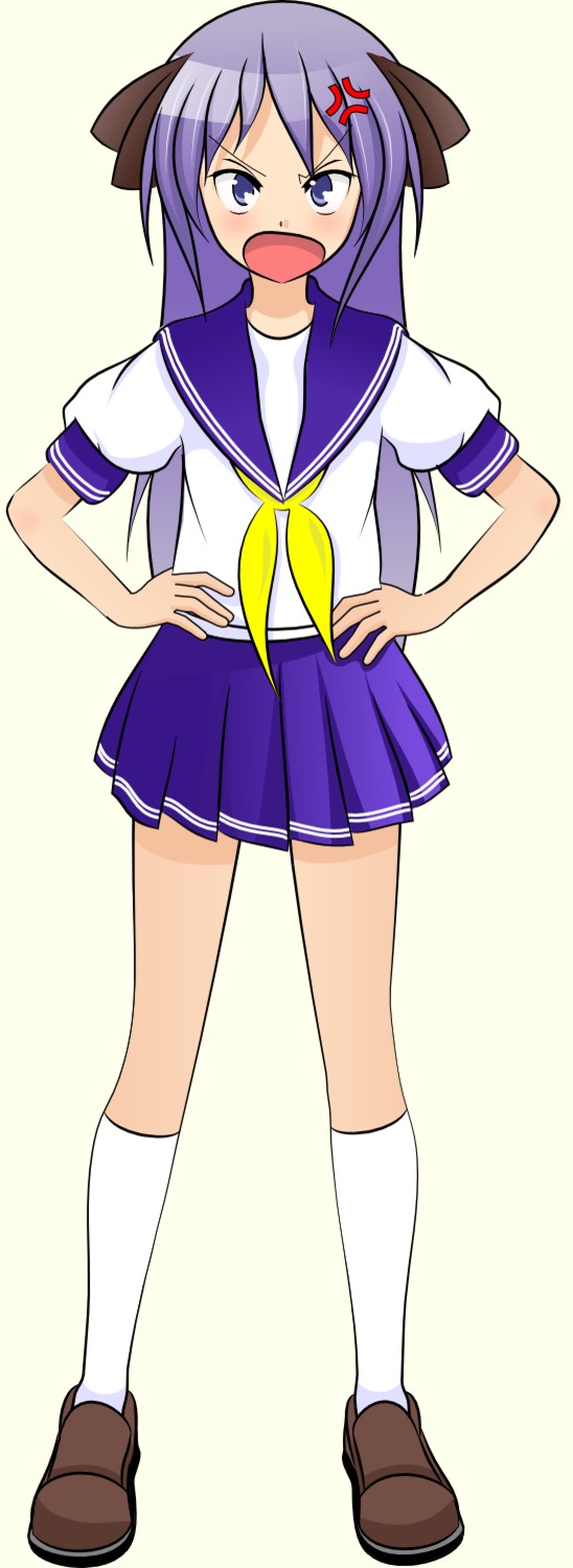1girl anger_vein angry blue_eyes game_sprite hands_on_hips hiiragi_kagami kneesocks long_hair /ls/ lucky_star open_mouth purple_hair school_uniform serafuku shoes simple_background skirt solo transparent_background tsundere twintails