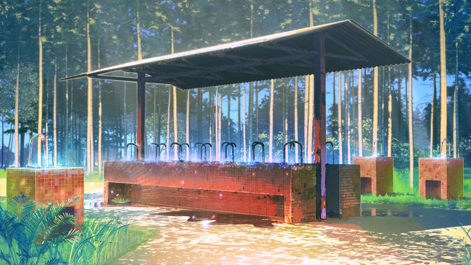background eroge highres no_humans outdoors summer tree washstand water