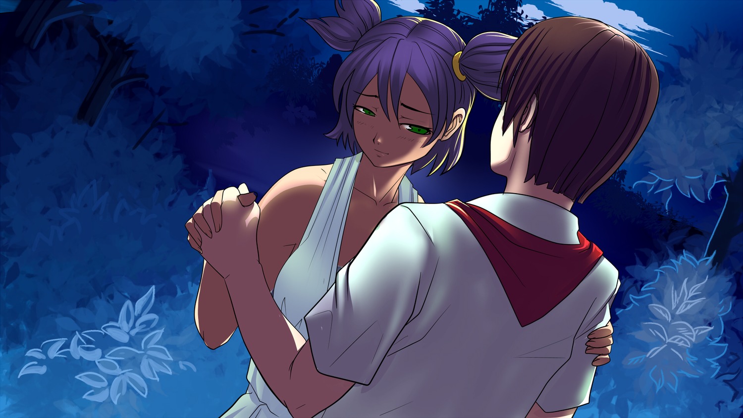 1boy brown_hair couple dancing dutch_angle eroge from_above from_behind game_cg green_eyes highres holding_hands necktie night outdoors pioneer pioneer_necktie pioneer_uniform purple_hair semyon_(character) shirt short_hair twintails unyl-chan