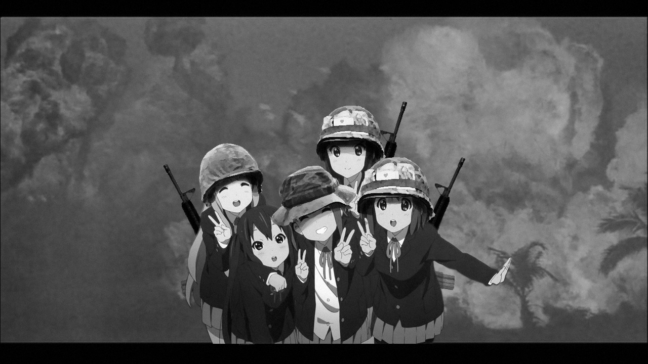 akiyama_mio explosion helmet hirasawa_yui k-on! kotobuki_tsumugi military monochrome multiple_girls nakano_azusa photo photoshop smile tainaka_ritsu v vietnam weapon