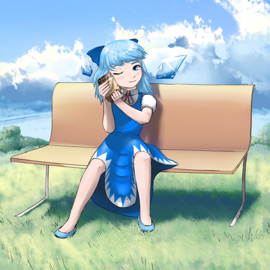 bench blue_eyes blue_hair bow can cirno cloud dress f2d_(artist) grass kvas main_page outdoors short_hair sitting sky smile touhou wings wink
