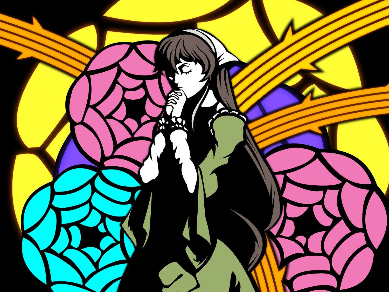 closed_eyes dress flower frills hairband hands_clasped long_hair praying rose rozen_maiden stained_glass stylish suiseiseki wallpaper