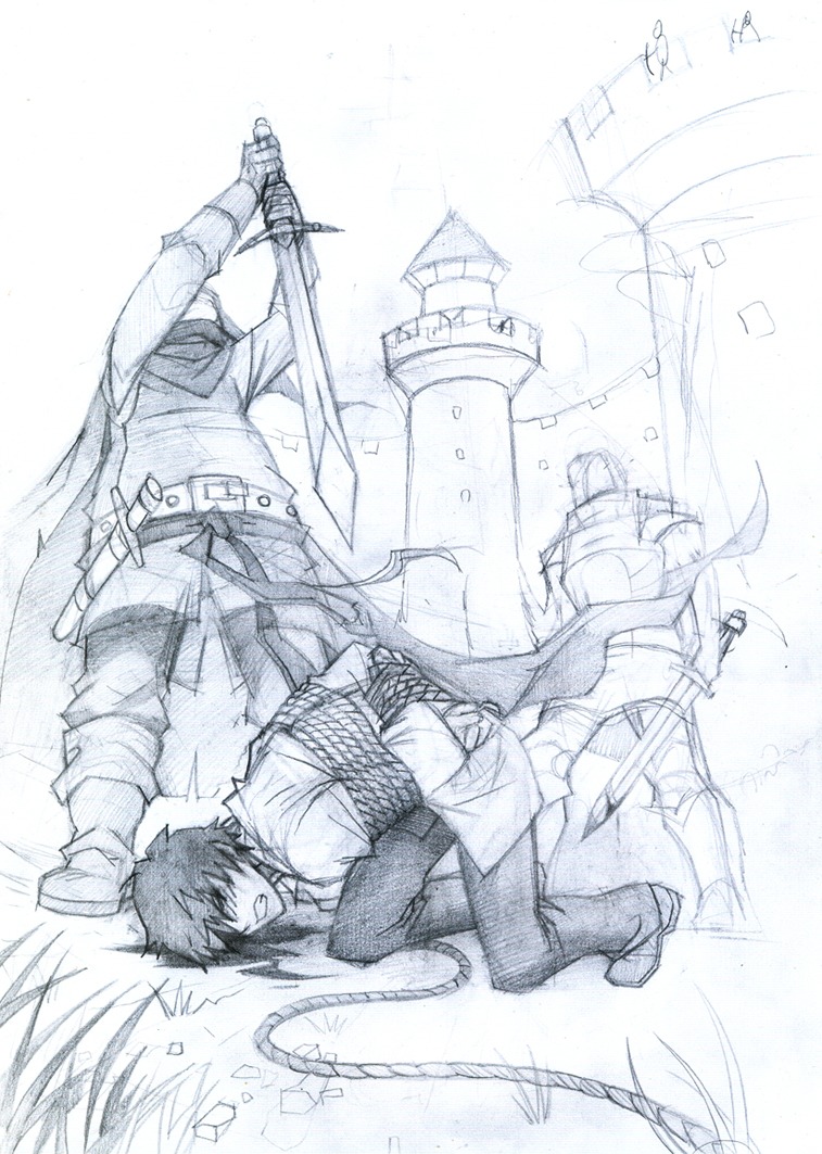 1boy armor castle fantasy from_below monochrome okha_(artist) outdoors perspective rope sketch sword tagme tower traditional_media weapon