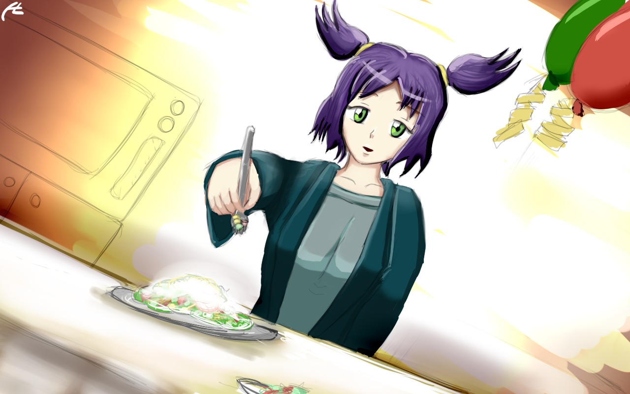 dutch_angle food fork green_eyes looking_at_viewer plate purple_hair table twintails unyl-chan