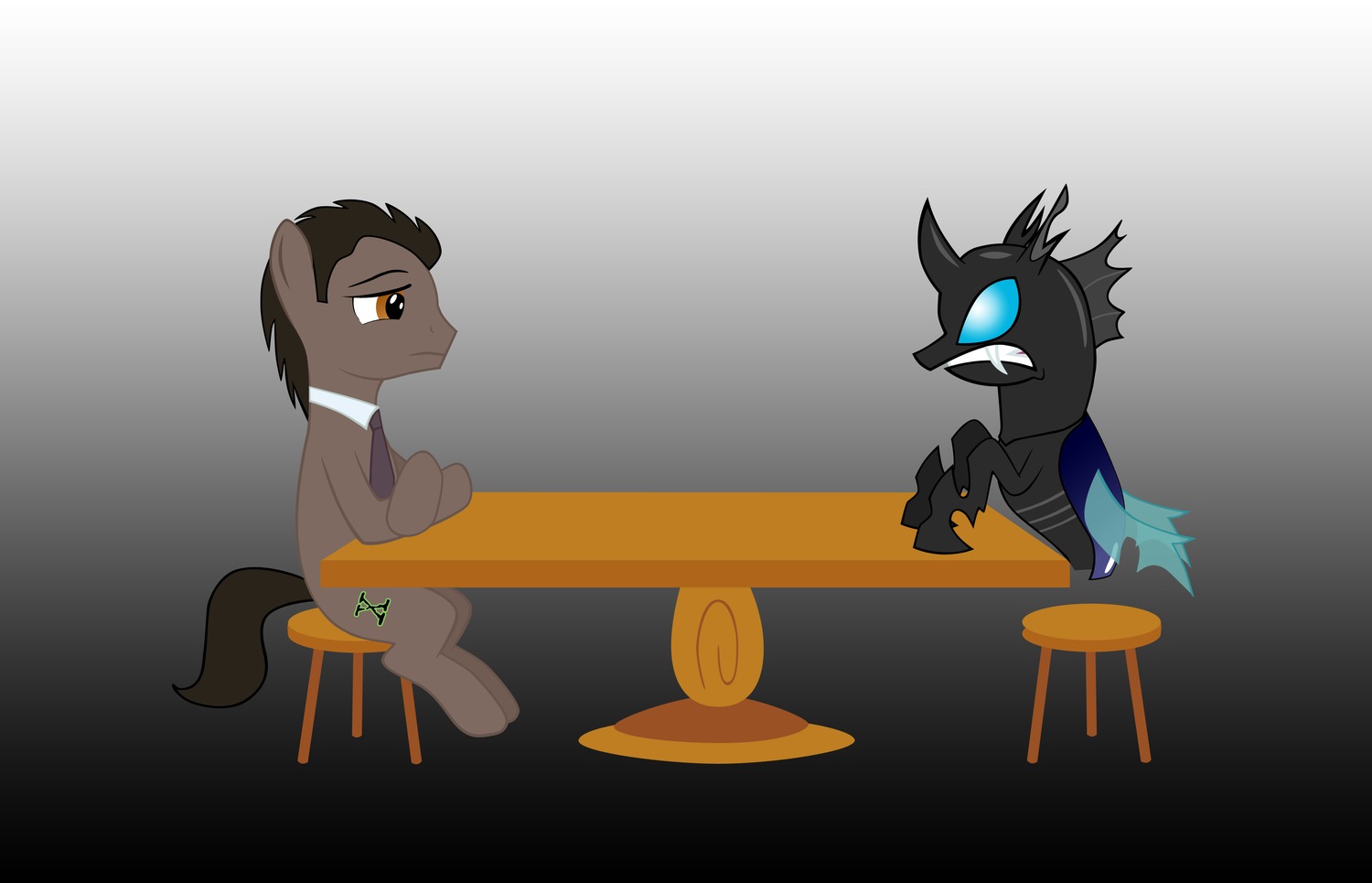 animal /bro/ changeling crossover horns my_little_pony my_little_pony_friendship_is_magic no_humans pony ponyfication simple_background sitting stallion style_parody table tagme wings