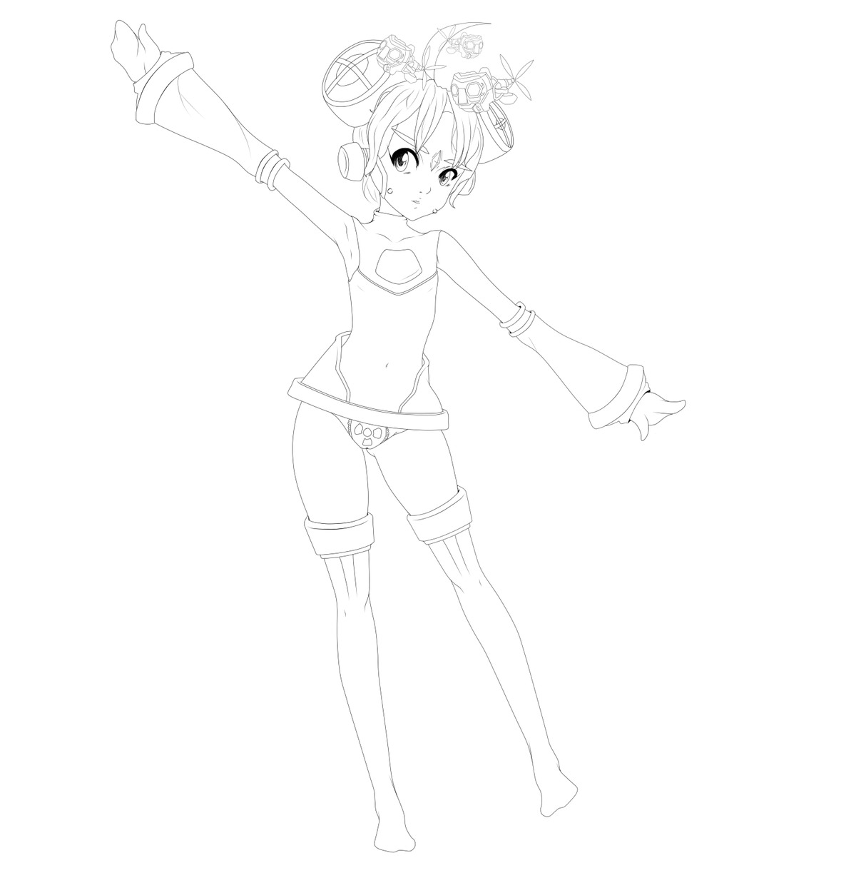 bun character_request detached_sleeves double_bun has_child_posts lineart monochrome sci-fi simple_background spread_arms tagme thighhighs
