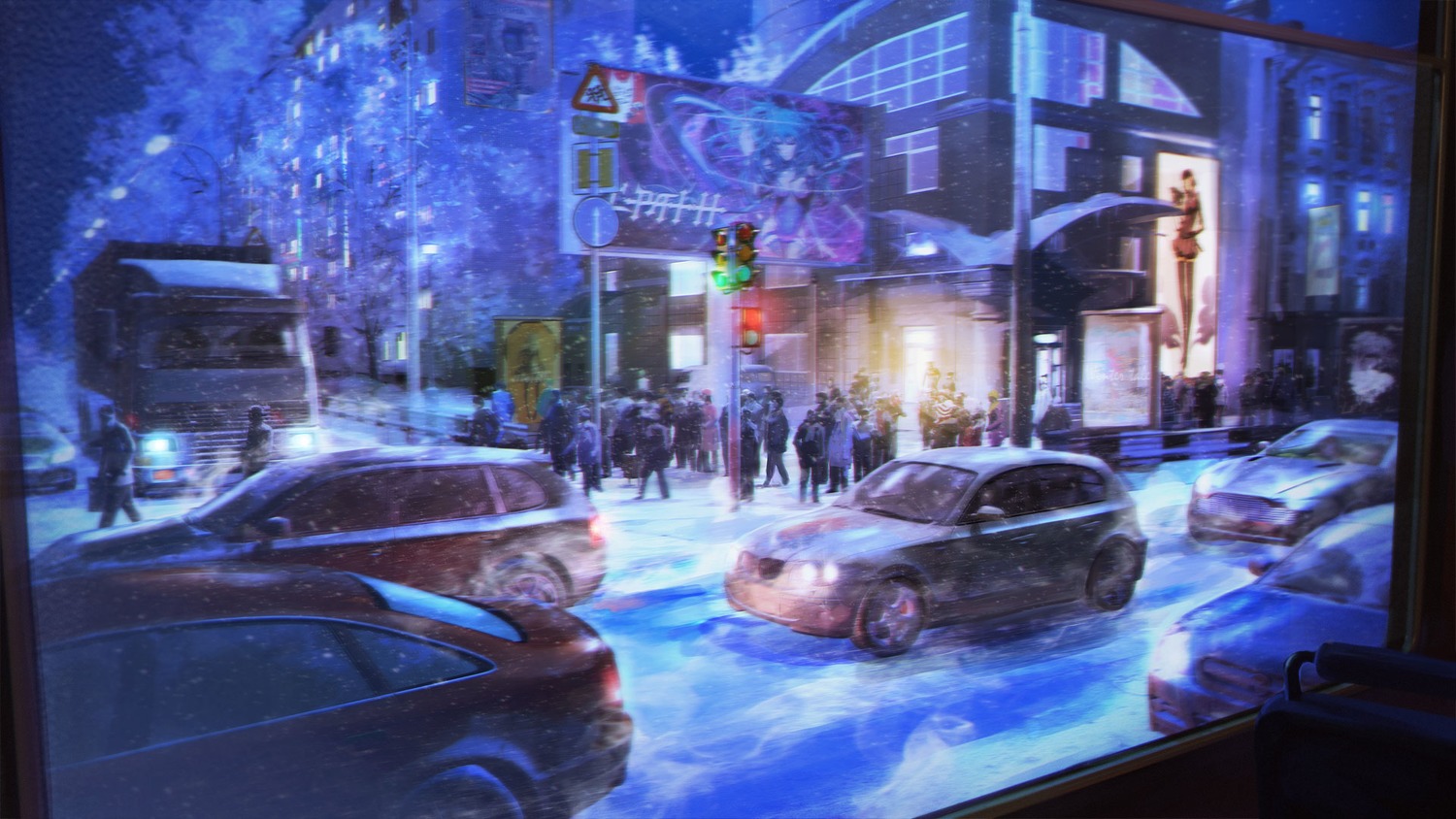 background billboard car city cityscape crowd eroge highres house motion_blur night outdoors sign snow street winter