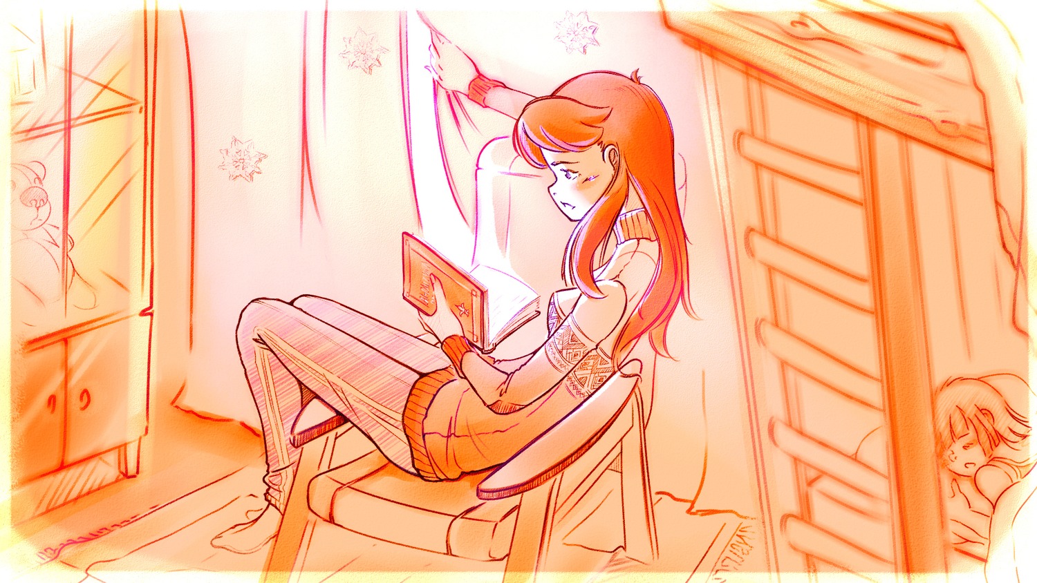 bed book chair character_request idleantics_(artist) long_hair orange reading room russian sitting sleeping sweater tagme the_monkeys_series window