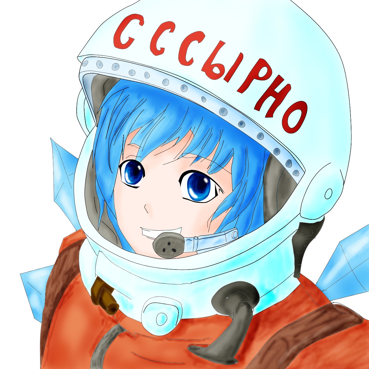 alternate_costume blue_eyes blue_hair cirno colored cosmonaut helmet pun russian soviet space_helmet spacesuit touhou wings