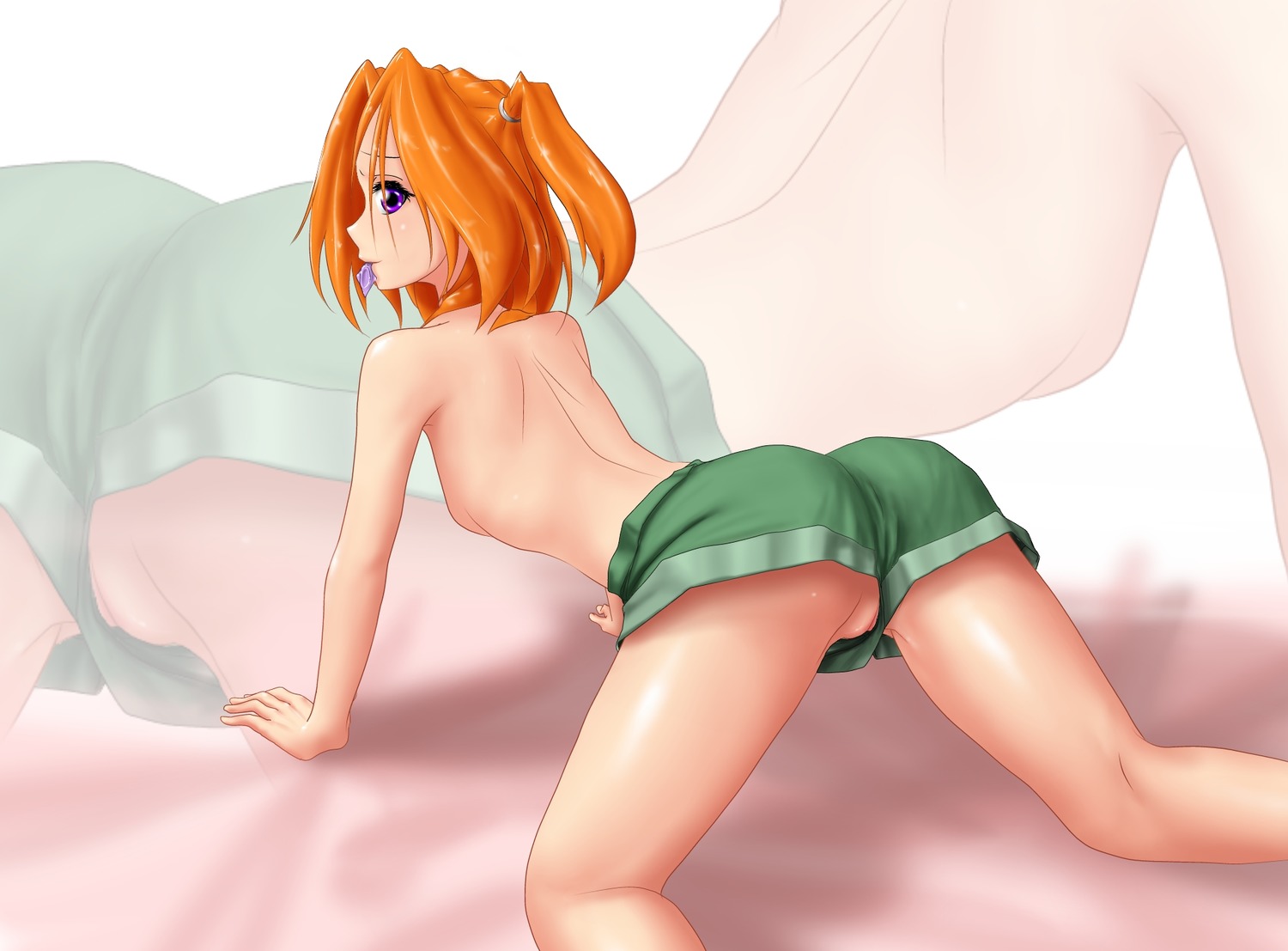 all_fours condom condom_in_mouth from_behind from_police_to_kids hater_(artist) mouth_hold mvd-chan no_bra orange_hair purple_eyes pussy shorts topless twintails