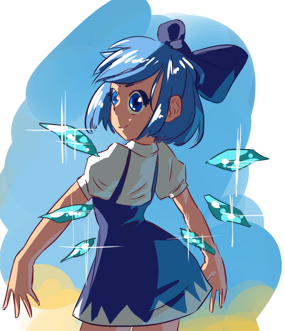 blue_eyes blue_hair bow cirno dress from_behind short_hair touhou wings