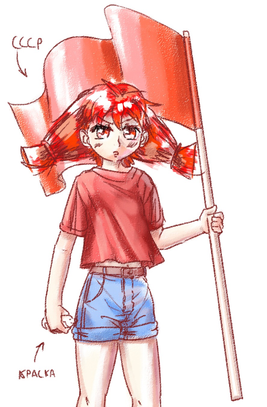 f2d_(artist) flag red_eyes red_hair shirt shorts t-shirt twintails ussr-tan