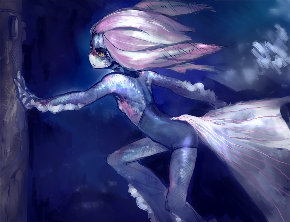 1girl blue_skin long_hair mermaid monster_girl purple_hair solo tail topless